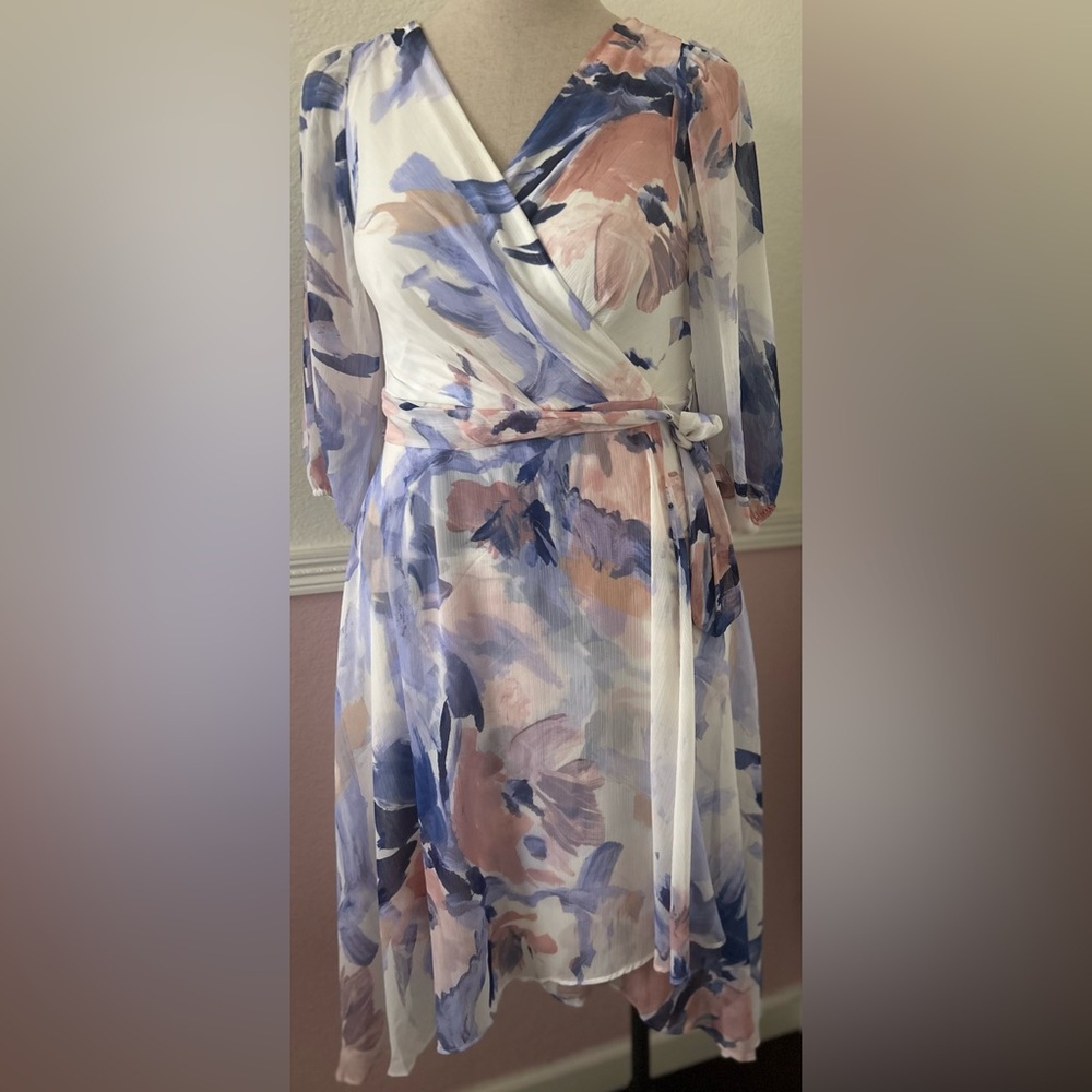 DKNY Blue and Pink Wrap Sundress with Bishop Sleeves - Picture 3 of 12